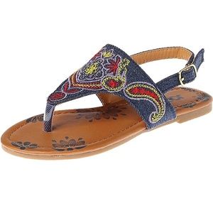 Denim embroidered T strap sandals